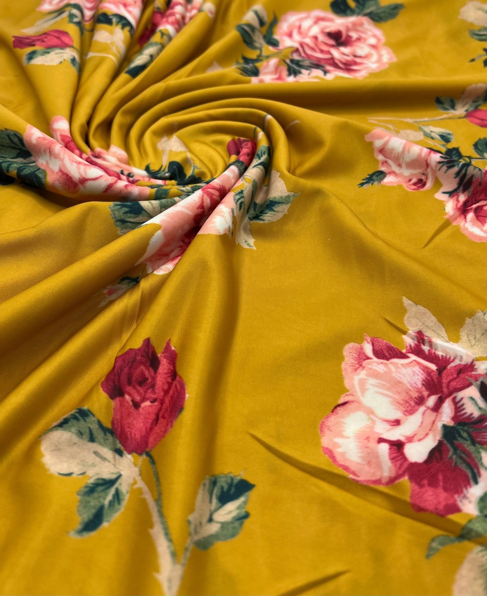 Mustard Yellow Floral Print Soft Touch 4 Way Stretch Fabric - T9 Fabrics